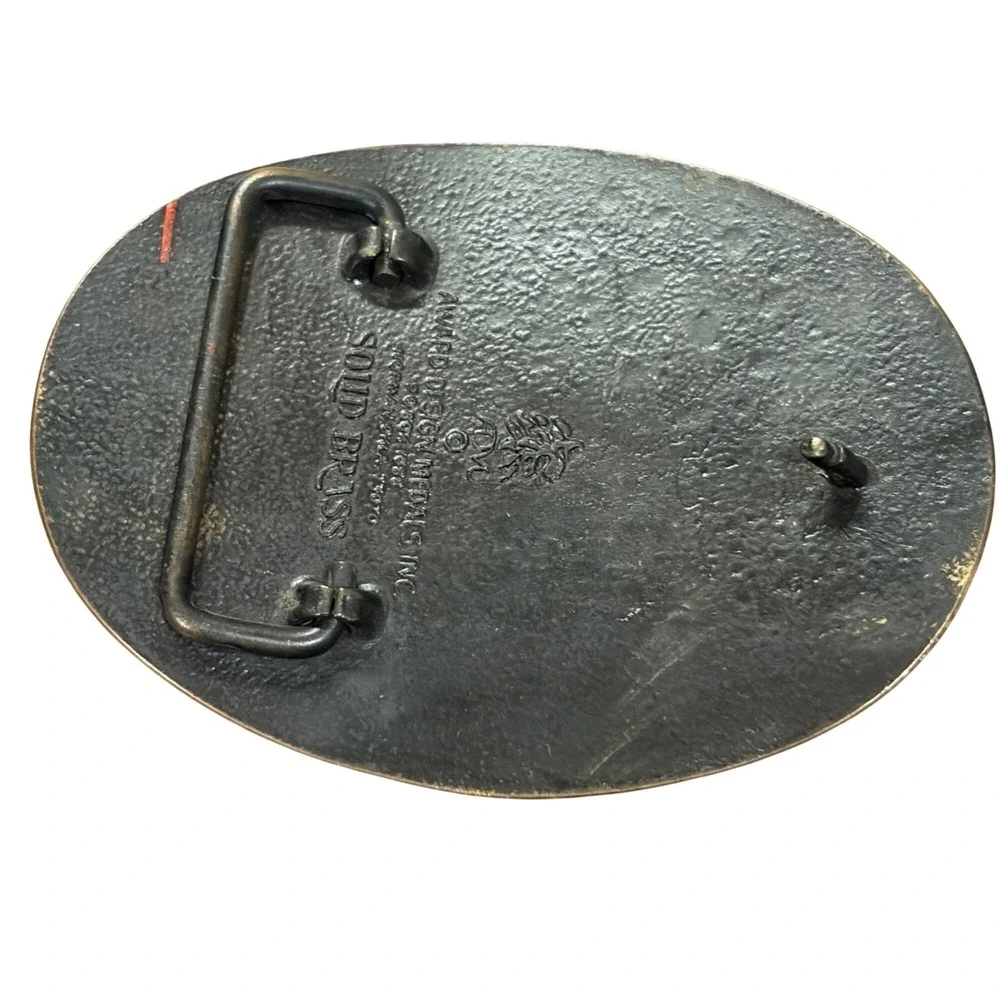 Vintage Solid Brass Buckle‎ Deer & Doe Oval By Award Design Medals USA Hunter